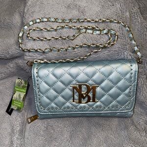 Badgley Mischka Ice Blue Quilted Crossbody Bag with Gold Chain